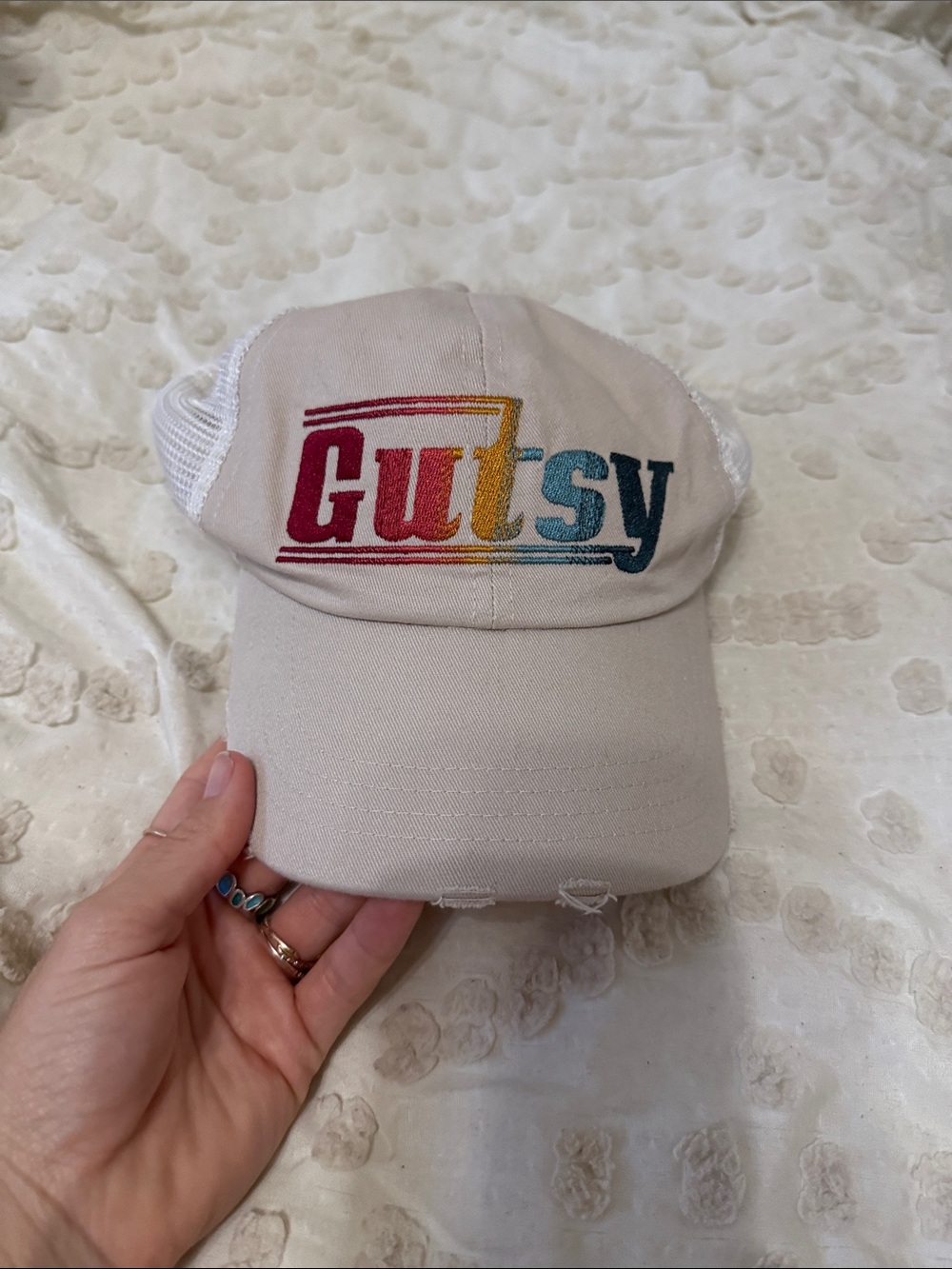 Idyllwind Gutsy Embroidered dad Hat mesh back  in Cream with Rainbow Logo